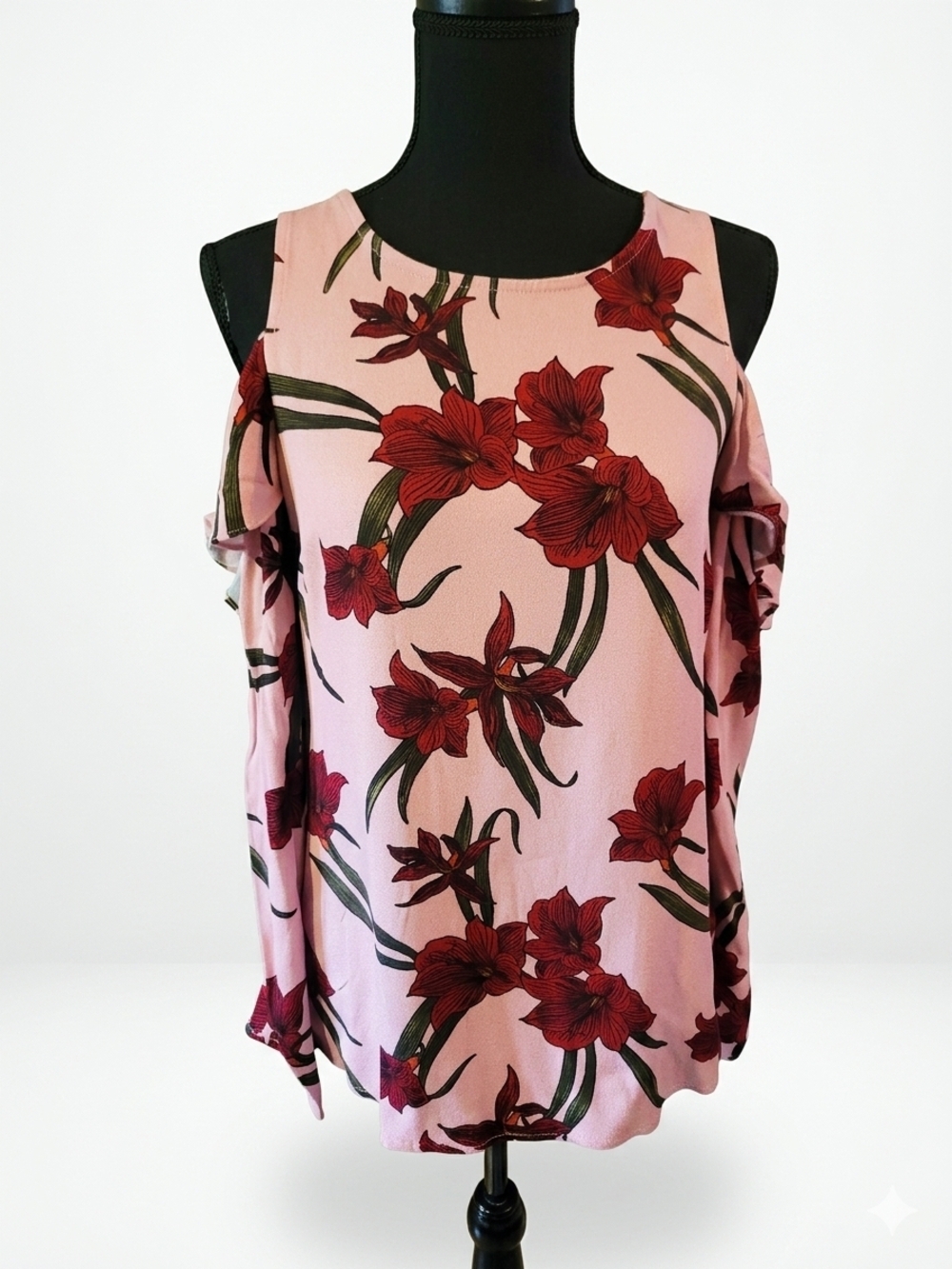 JustFab Pink Floral Cold-Shoulder Blouse with Red Flowers